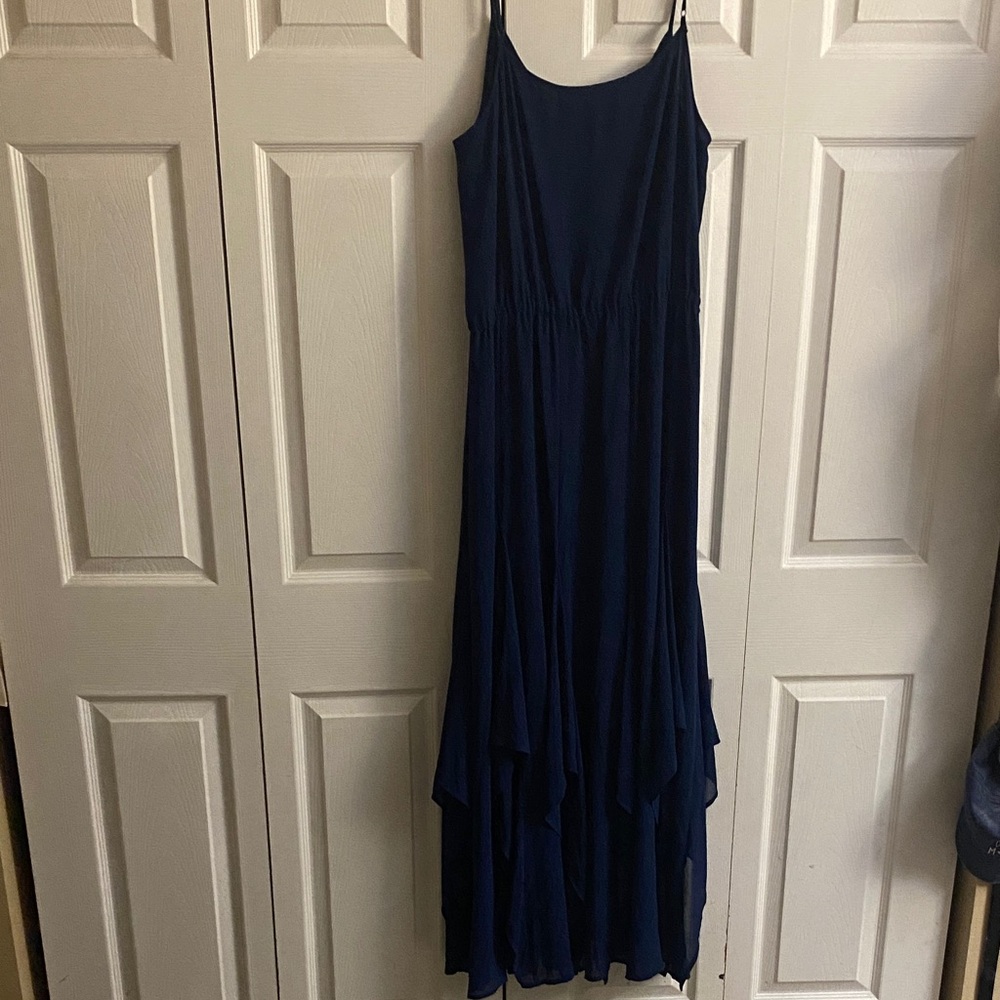 Michael Kors Navy Maxi Slip Dress with Layered Handkerchief Hem